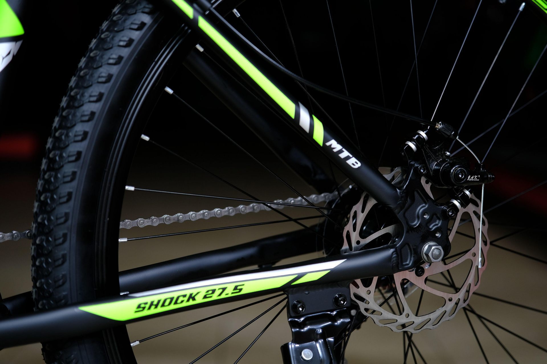 Тормоз дисковый механический JAK 160мм
 HOKE Shock 27,5 MD матовый чёрный-зелёный 15